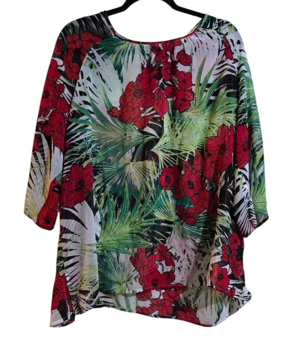 Chico's Tunic Top Size 3 (XL) Green Red White Black Tropical Lightweight Coverup
